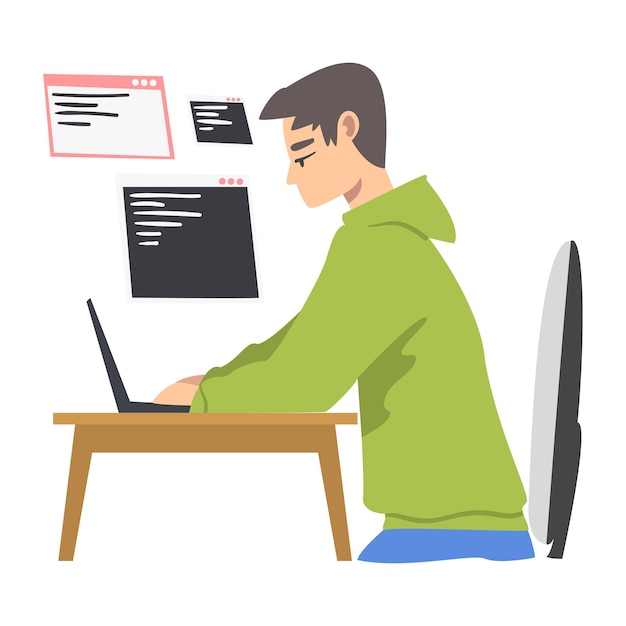 Hombre como desarrollador de software o programador involucrado en la codificación en el marco del lado del servidor en la ilustración vectorial de portátil