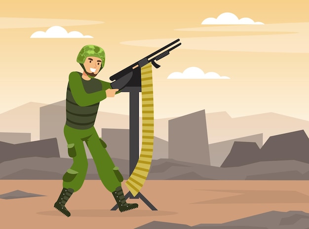 Hombre como Fuerza Especial Militar con uniforme y rifle apuntando Ilustración vectorial de postura