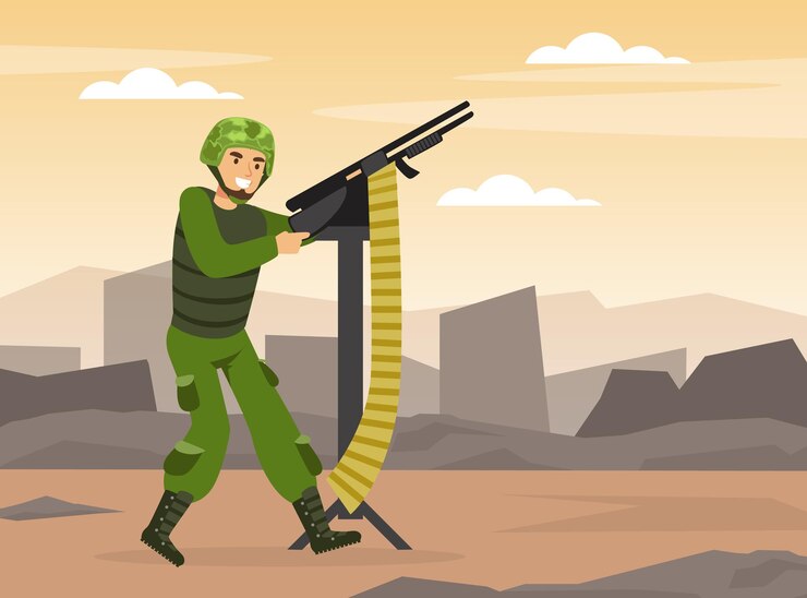 Vector hombre como fuerza especial militar con uniforme y rifle apuntando ilustración vectorial de postura