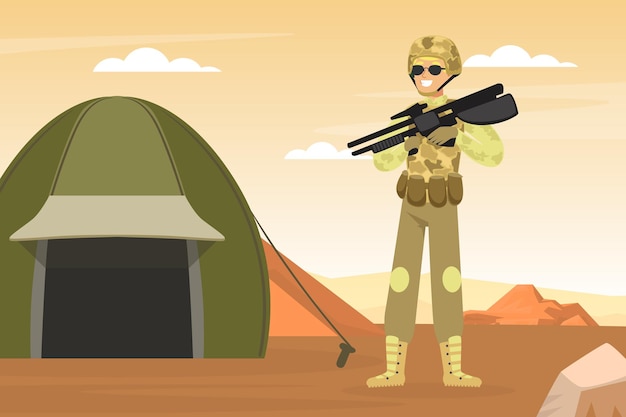 Hombre como Fuerza Especial Militar en uniforme y rifle de pie cerca de la tienda Ilustración vectorial