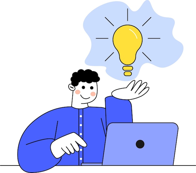 Hombre compartiendo ideas mientras trabaja en una computadora portátil con una ilustración de bombilla arriba en un espacio de trabajo creativo