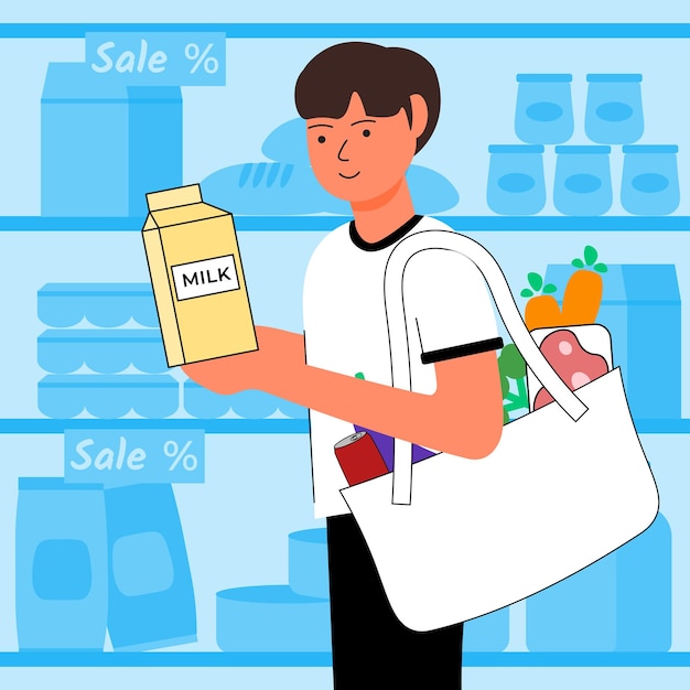 Hombre comprando comestibles en un supermercado