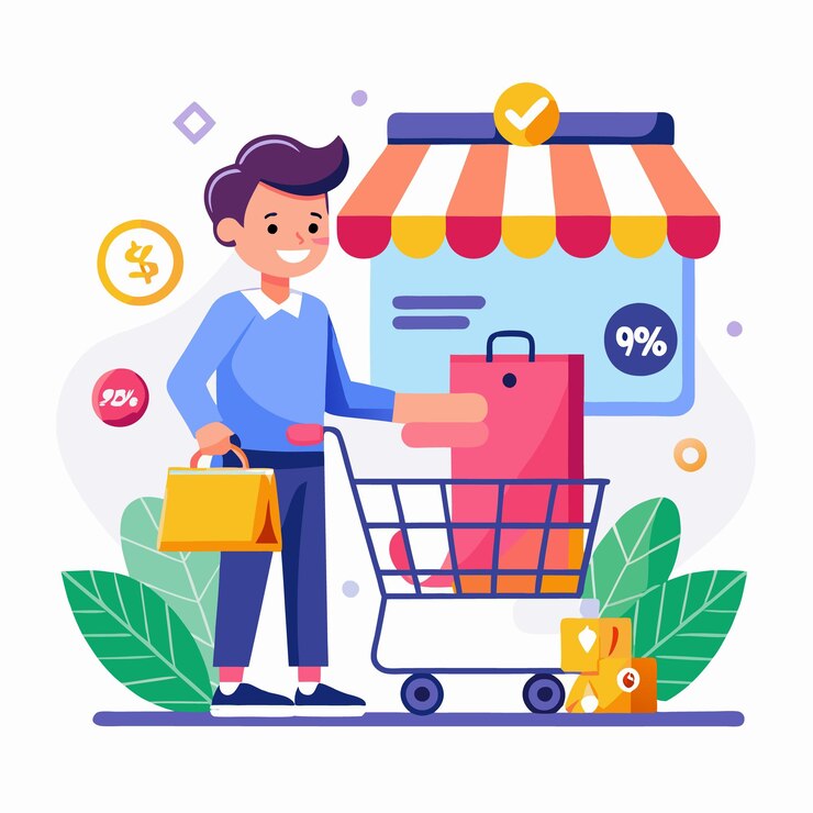 Vector hombre comprando en línea con un carrito de descuentos lleno de mercancías