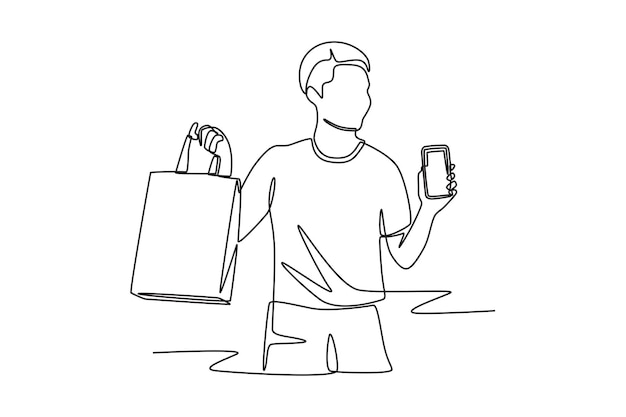 Hombre comprando en línea a través de teléfono inteligente Concepto de compra en línea dibujo en línea