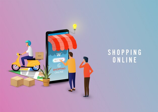 Hombre de compras en línea con smartphone. aplicación móvil, compras entrega en línea. concepto de marketing