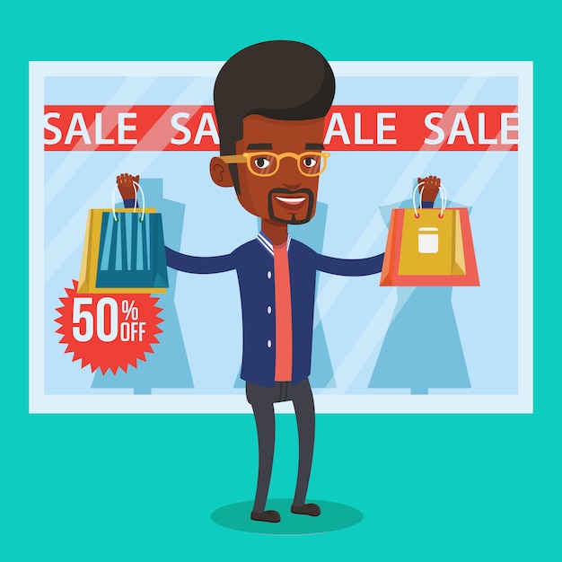 Hombre de compras en venta ilustración vectorial.