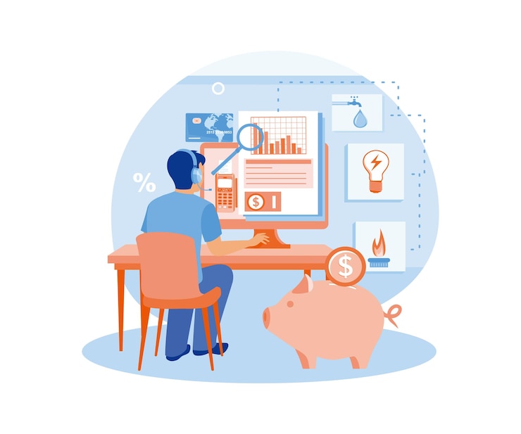 Vector hombre comprobando la factura de electricidad en la computadora ahorrar dinero en ahorros concepto de facturas de servicios públicos ilustración de vector plano