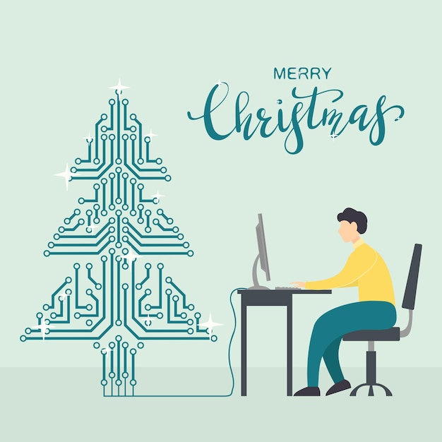 Hombre con computadora y árbol de navidad digital