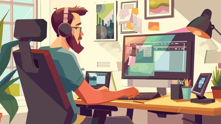 Vector un hombre en una computadora con auriculares y un monitor de computadora y una imagen de un hombre trabajando en su computadora