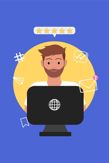 Hombre en la computadora con íconos de redes sociales y calificación de cinco estrellas