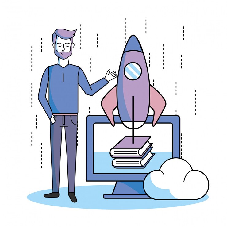 Vector hombre con la computadora en línea libros y la aplicación de cohetes
