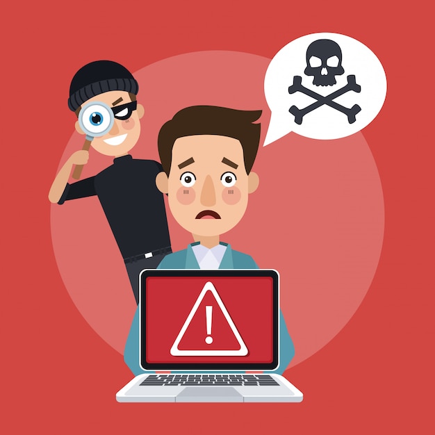 Hombre con la computadora portátil hackeada por la historieta hacker