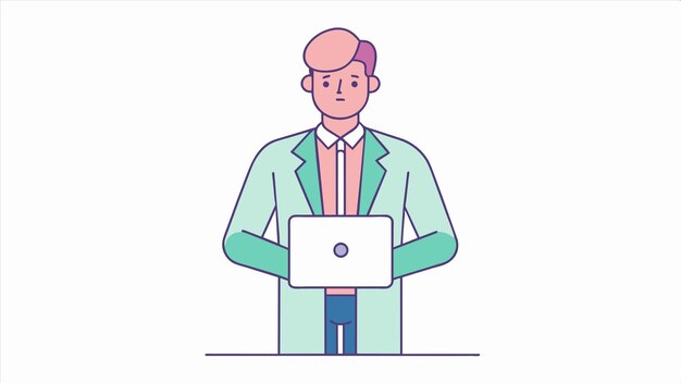 un hombre con una computadora portátil y un logotipo de un hombre con un hombre en un traje y una camisa con una camisa blanca
