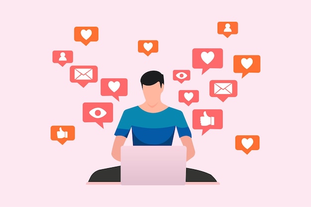 Hombre con computadora portátil y redes de navegación para chatear y obtener Me gusta y corazones.