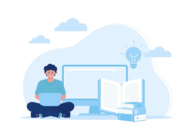 hombre con computadora portátil sentado concepto de educación en línea concepto de aprendizaje a distancia ilustración plana