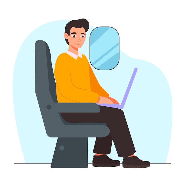 Hombre con una computadora portátil se sienta en un avión o tren Viaje gráfico vectorial