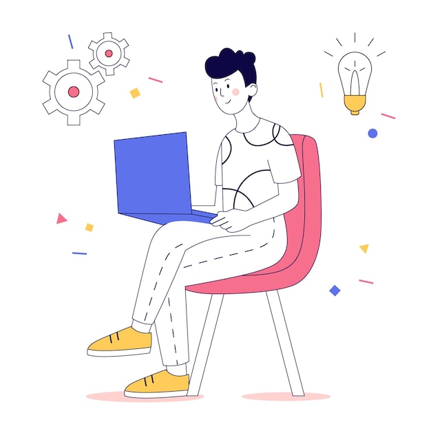 El hombre con la computadora portátil se sienta en la silla Concepto de aprendizaje de trabajo