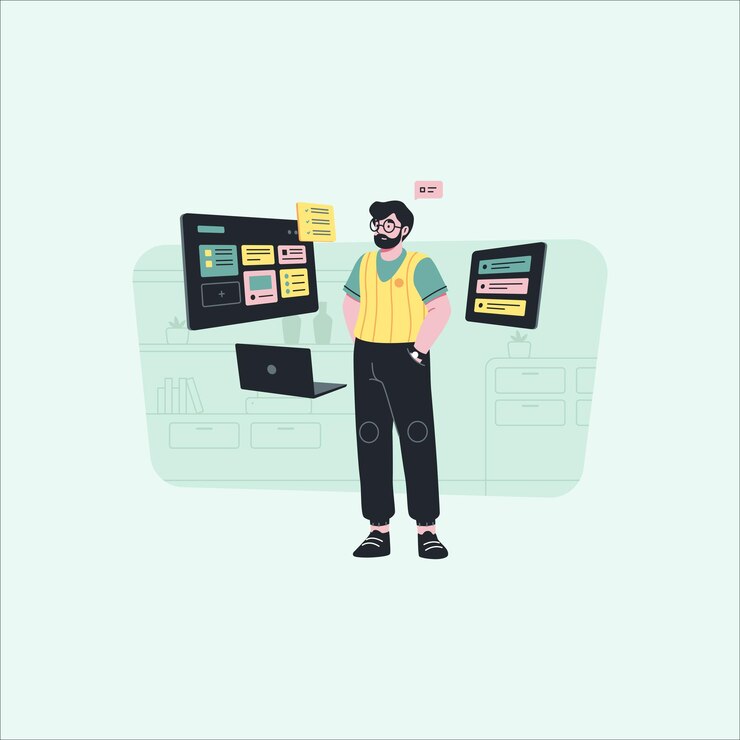 Hombre con computadora y tarjeta de crédito Concepto de compras en línea ecommerce Ilustración vectorial en fl