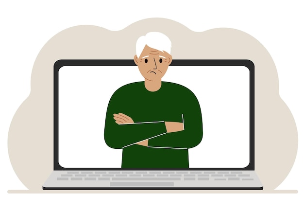 El hombre se comunica a través de videoconferencia a través de la pantalla del portátil El concepto de reuniones en línea seminarios web trabajo remoto o trabajo desde casa Ilustración de vector plano