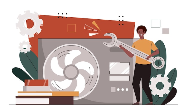Hombre con concepto de aire acondicionado joven con llave cerca del sistema de refrigeración de dispositivos y dispositivos para