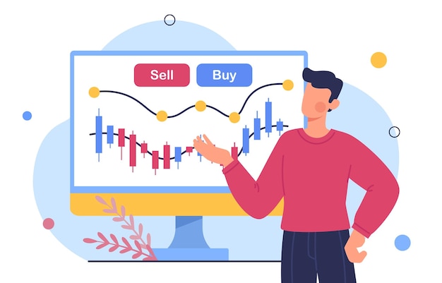 Hombre con concepto de comercio de criptomonedas Chico joven cerca de gráficos y diagramas Infografías y visualización de datos Economía y comercio alfabetización financiera Ilustración de vector plano de dibujos animados