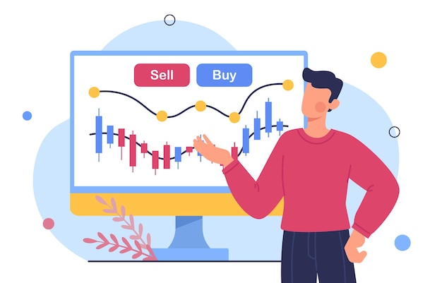 Hombre con concepto de comercio de criptomonedas chico joven cerca de gráficos y diagramas infografías y visualización de datos economía y comercio alfabetización financiera ilustración de vector plano de dibujos animados