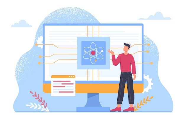 Hombre con concepto cuántico Chico joven cerca del monitor de la computadora Placa de circuito y CPU Tecnologías modernas e innovaciones Física y estructura del átomo Ilustración de vector plano de dibujos animados