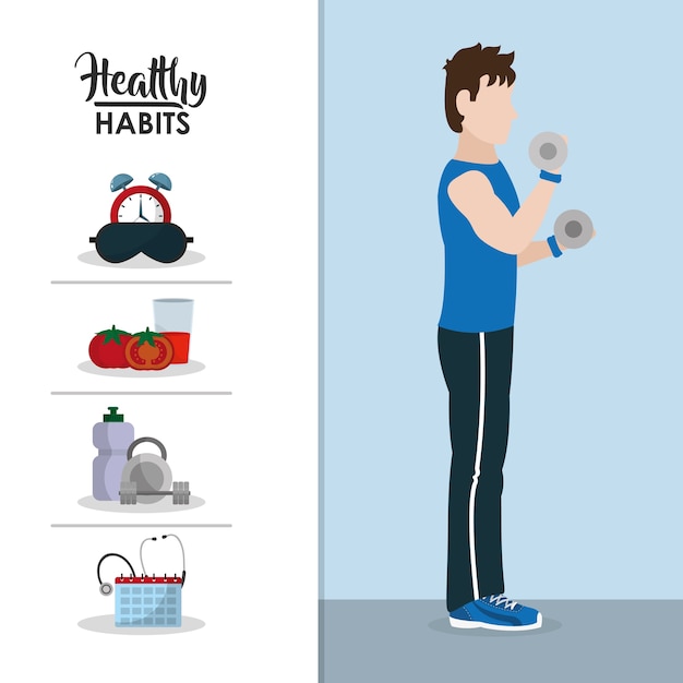 Hombre con concepto de dibujos animados de hábitos saludables
