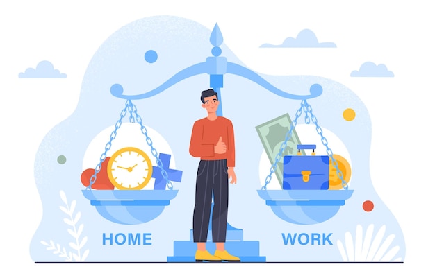 Hombre con concepto de equilibrio entre trabajo y vida joven cerca de escalas con tiempo y dinero empresario y empresario elija entre familia y carrera ilustración de vector plano de dibujos animados