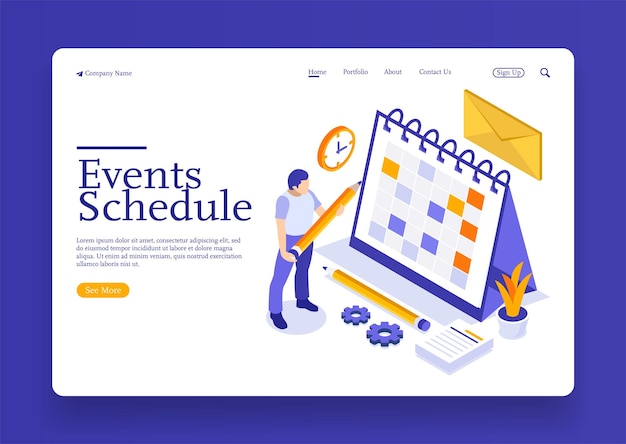 Un hombre con concepto de eventos y recordatorio de noticias de planificación de horario de negocios en línea isométrico