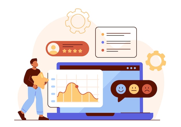 Hombre de concepto de experiencia de usuario cerca de gráficos y diagramas desarrollador front-end con aplicación móvil