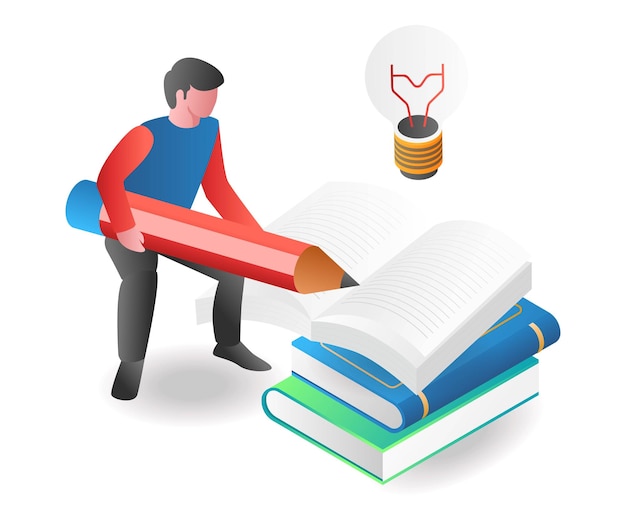 Hombre de concepto de ilustración isométrica plana vertiendo ideas en el libro