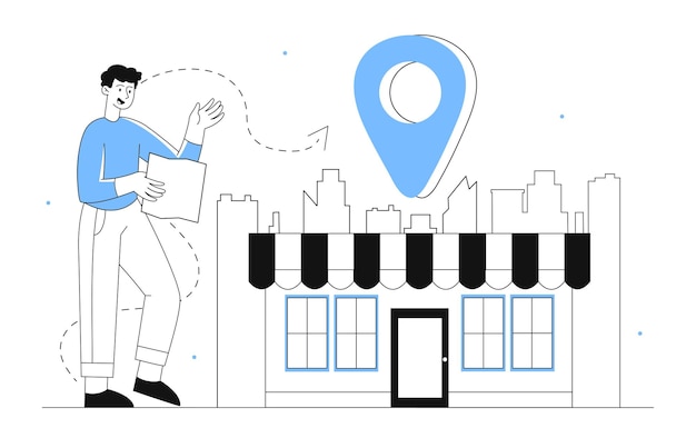 Hombre con concepto de línea de señal de ubicación Joven mira la dirección del almacén Navegación y logística transporte de mercancías Compras y comercio en línea Ilustración de vector plano lineal