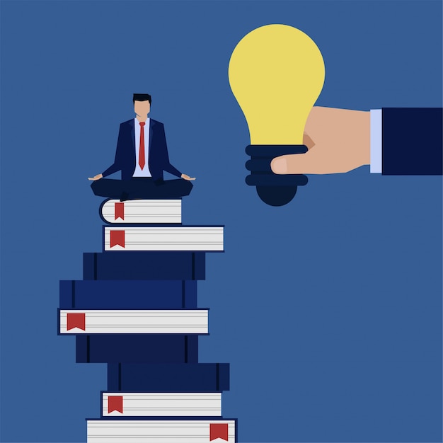 El hombre de concepto plano de negocios se sienta sobre los libros y la mano da la metáfora de la idea de obtener inspiración