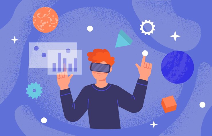 Vector hombre con concepto de realidad virtual joven con gafas vr metaverso y ciberespacio enseñanza y trabajo con estadísticas infografías y visualización de datos ilustración de vector plano de dibujos animados