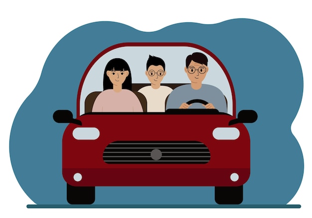 Vector un hombre conduce un auto rojo junto a dos pasajeros. hay tres personas en el coche, amigos, familia. primer plano. ilustración plana vectorial