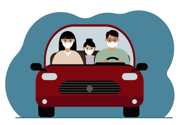 Vector un hombre conduce un automóvil rojo junto a un pasajero y un niño pequeño en el asiento trasero. familia en el coche. primer plano. todo el mundo lleva máscaras médicas. ilustración plana vectorial