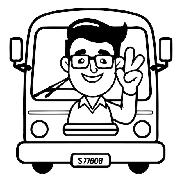 Vector hombre conduciendo un autobús y mostrando el signo de la mano de la paz ilustración vectorial al estilo de dibujos animados