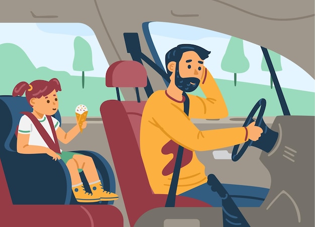 Vector hombre conduciendo coche y dando paseo a su niño ilustración vectorial plana