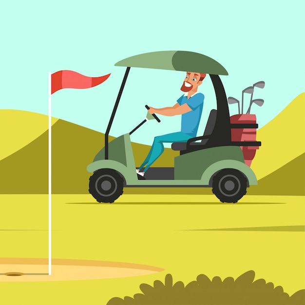 Hombre conduciendo un coche eléctrico en la ilustración de la cancha de golf, trabajador del club que lleva palos de golf y cuñas, fondo de césped de hierba de primavera, parque verde con agujeros, banderas