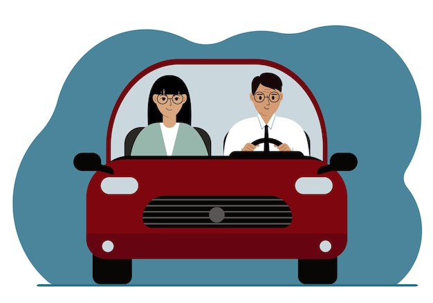Un hombre conduciendo un coche rojo junto a una pasajera. Primer plano. Ilustración plana vectorial
