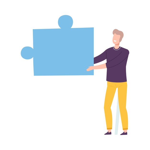 Hombre conectando el elemento del rompecabezas Hombre sosteniendo una gran pieza de rompecabeo azul Montando rompecabeos abstractos Resolviendo problemas difíciles Ilustración vectorial de estilo de dibujos animados