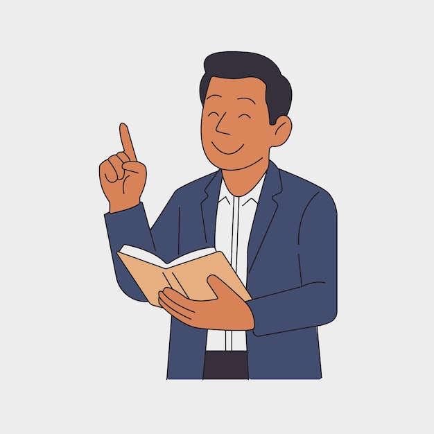 Un hombre confiado explica con una ilustración de vector plano del libro