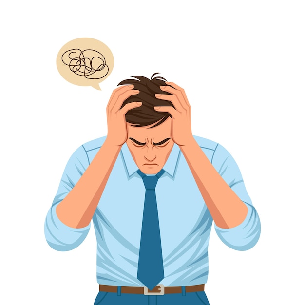 Hombre confundido y ansioso con la cabeza en apuros concepto de salud mental ilustración vectorial plana