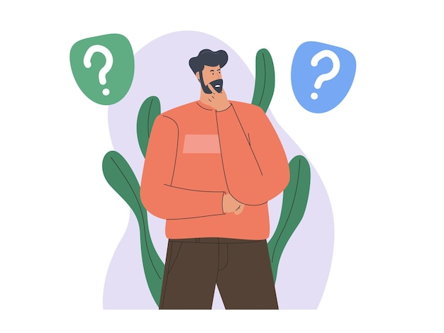 Hombre confundido decidiendo elegir entre variantes