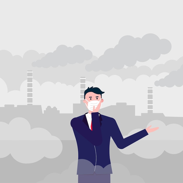 Hombre confundido con máscara contra el smog Concepto de protección contra el smog industrial de la contaminación del aire por polvo fino