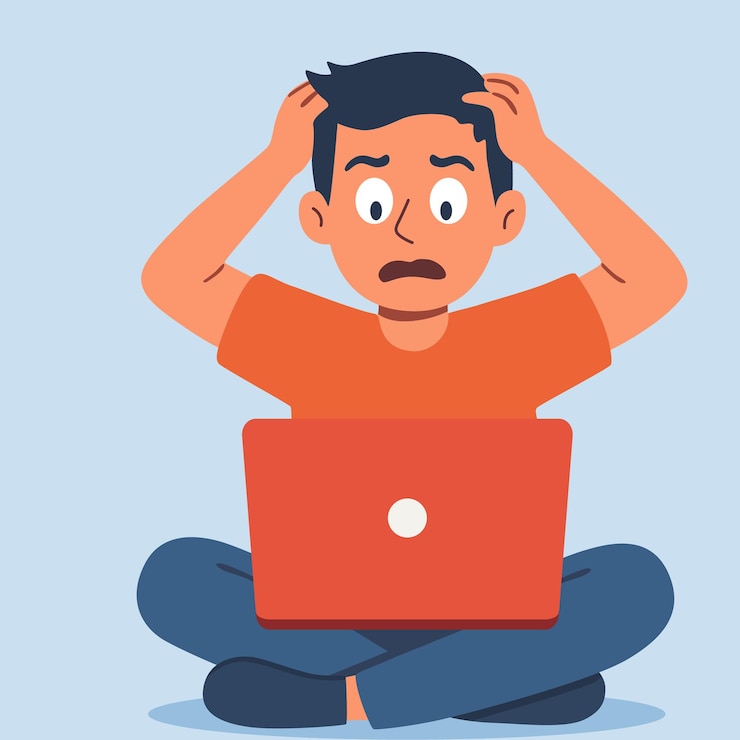 Vector hombre conmocionado sentado con una computadora portátil experimentando un problema técnico o una ilustración vectorial de error del sistema