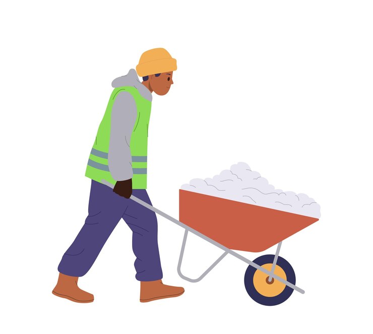 Vector hombre conserje personaje de dibujos animados empujando una carretilla llena de nieve limpiando la calle después de una tormenta de nieve