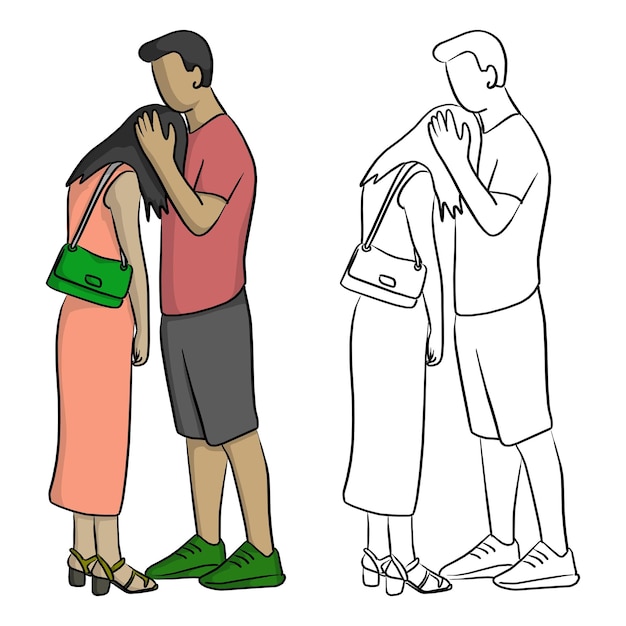 Vector hombre consolando a su amante triste ilustración vectorial boceto garabatos a mano dibujado con líneas negras