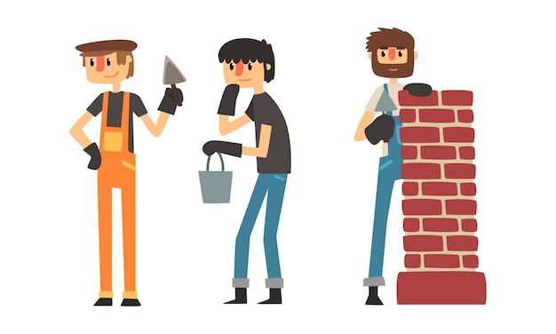 Hombre constructor con mono haciendo trabajo de albañil conjunto de ilustraciones vectoriales